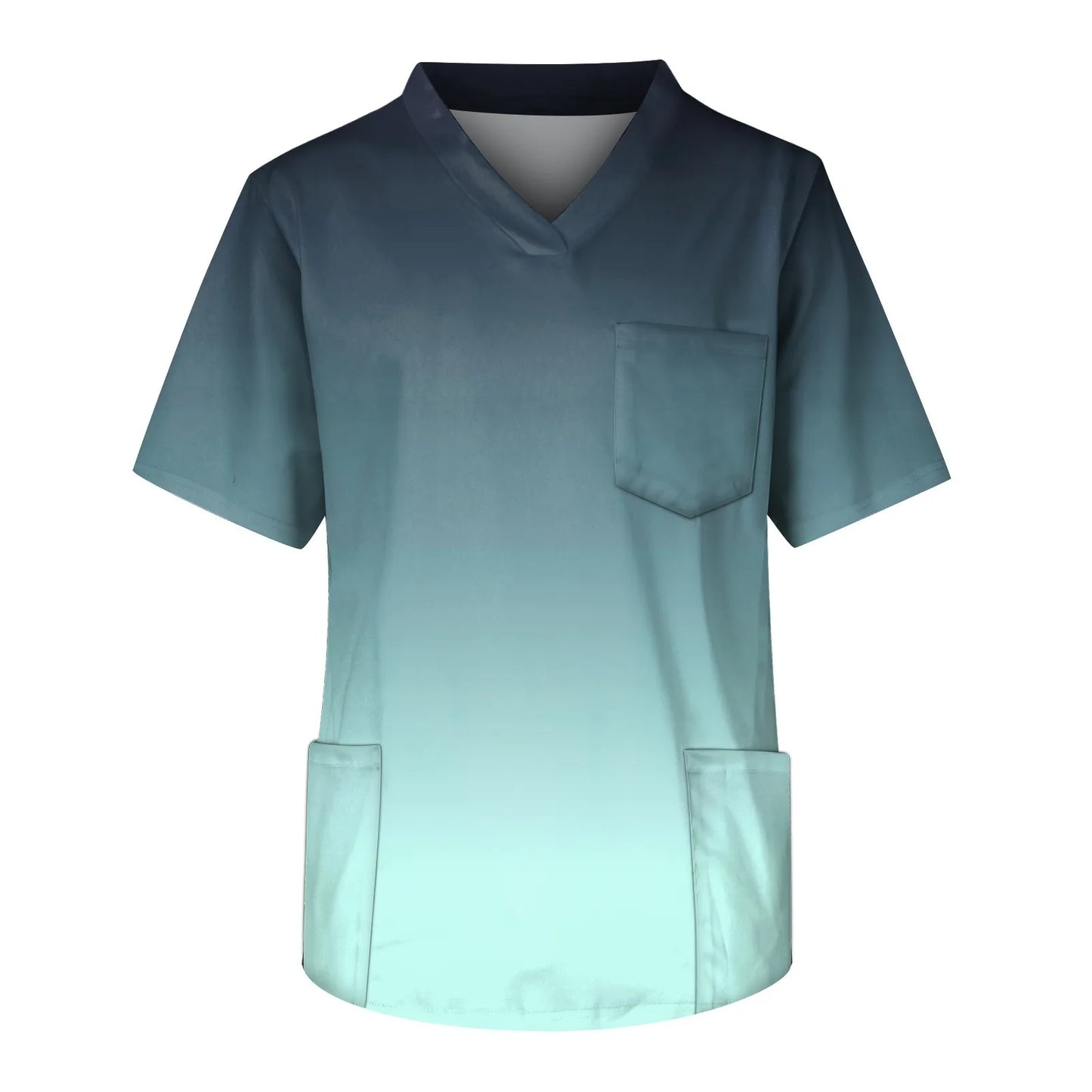 Eillysevens Nurse Uniform Top Gradient Print V Neck Chest Pocket Breathable