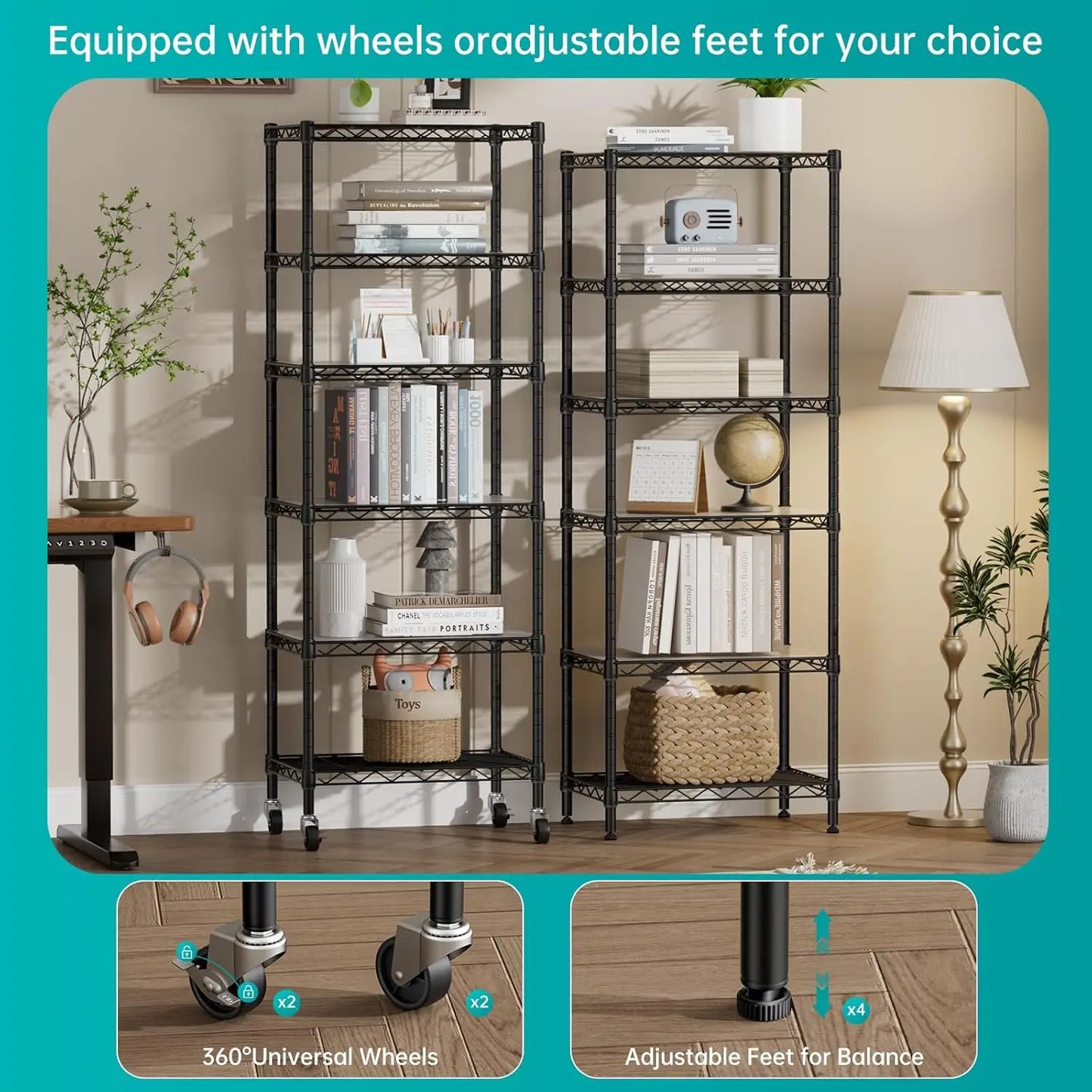 6-Tier Adjustable Wire Storage Shelves With Wheels