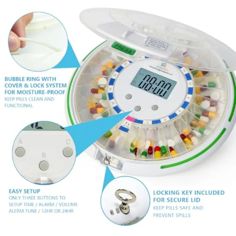 Automatic Pill Dispenser With Safety Lock And Alarm Light
