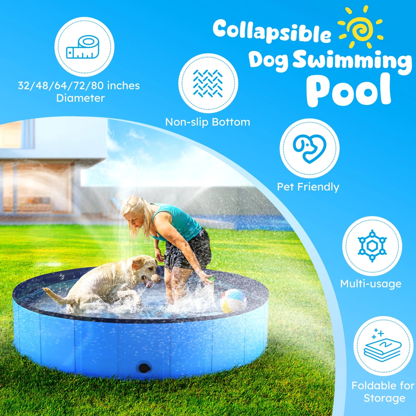 Portable Dog Pool Foldable Pet Bath Tub Anti Slip Collapsible Hard Plastic