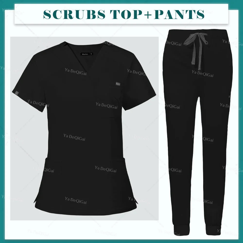 Scrubs Uniform Set Short Sleeve V Neck Top Jogger Pants