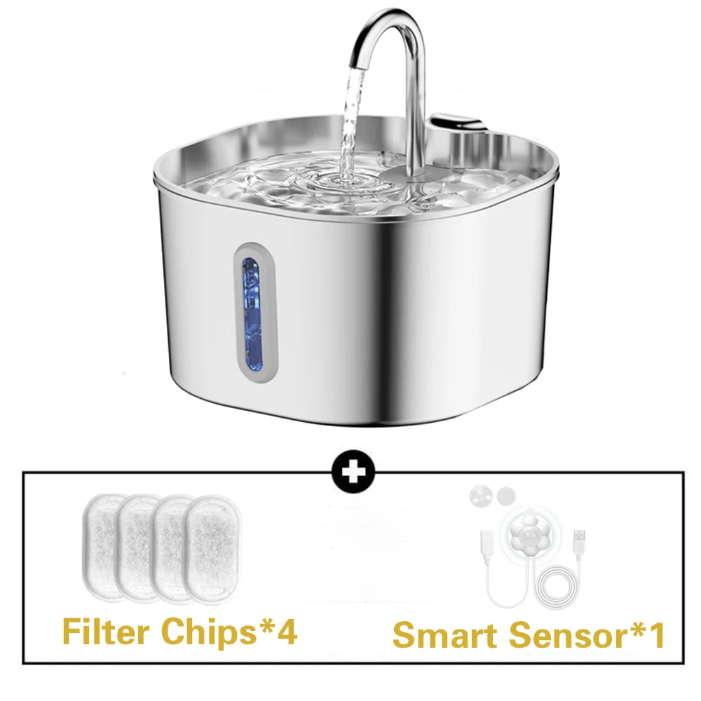Stainless Steel Cat Water Fountain With LED Window Silent Flow