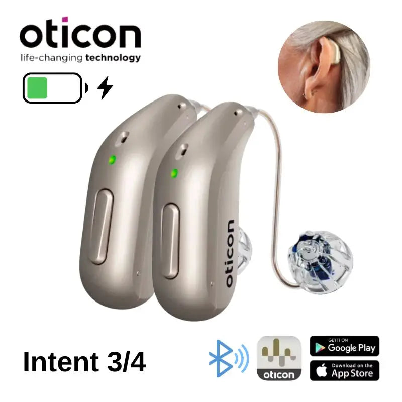Oticon Intent 3 Intent 4 miniRITE T R hearing aids 48 channels rechargeable programmable Bluetooth direct connection app control