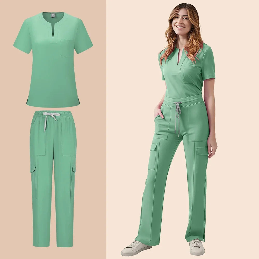 Women's Medical Scrubs Set Nurse Uniform Two Piece Tops Pants