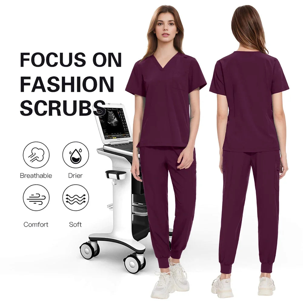 NONECN Surgery Scrubs Set Women Short Sleeve Top Pants Medical Uniform