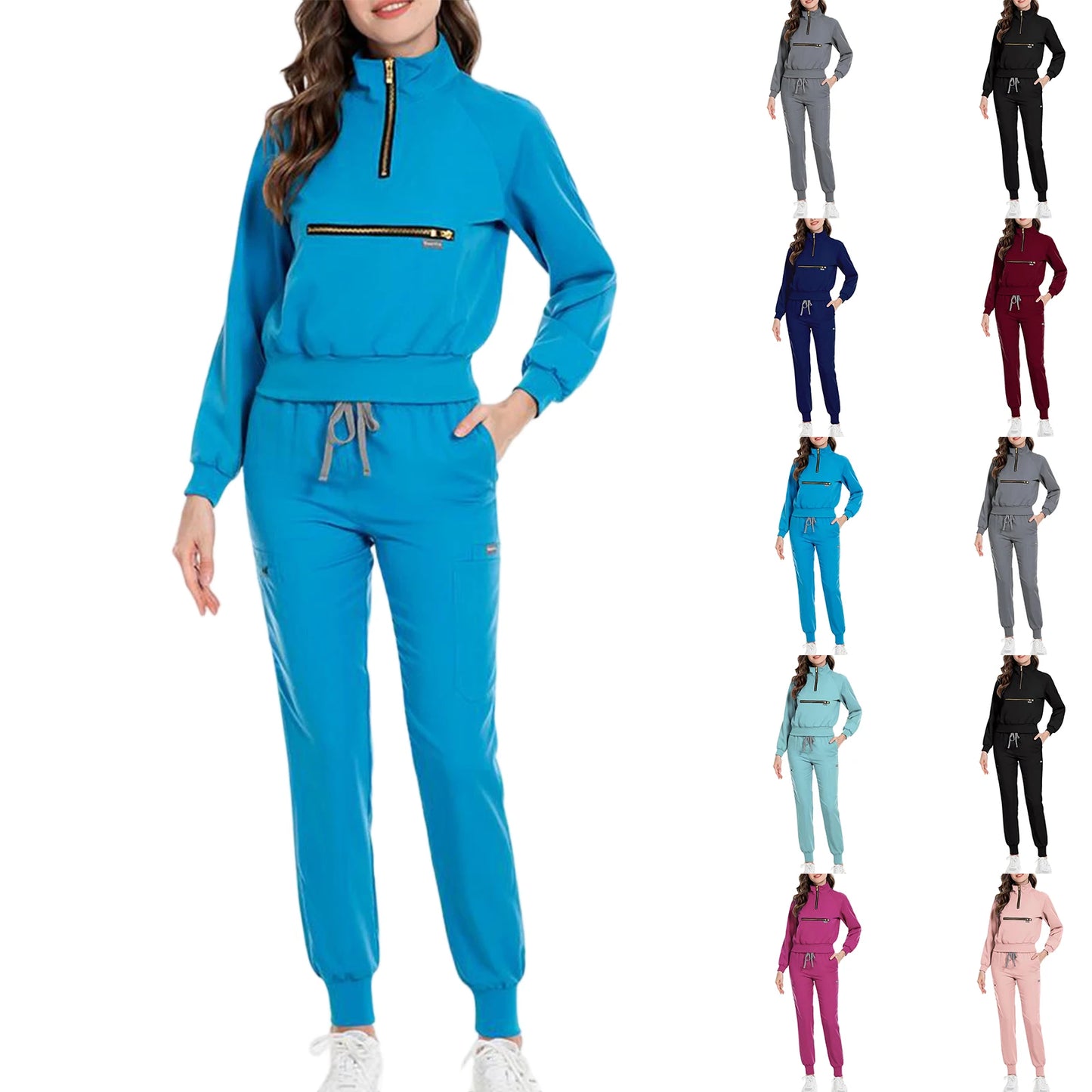 Nurse Scrub Set Stand Collar Zip Long Sleeve Pocket Workwear