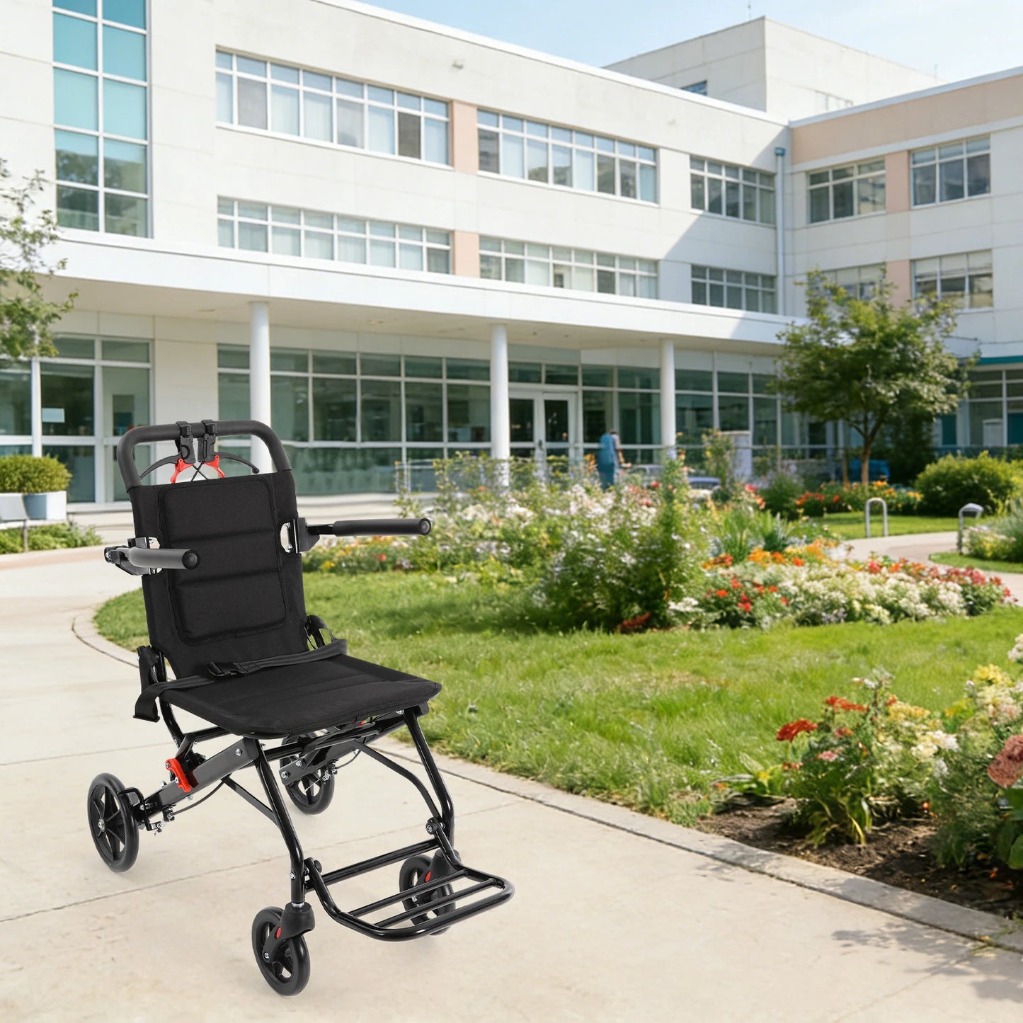 Foldable Transport Wheelchair With Handbrake Lightweight Portable Travel Chair