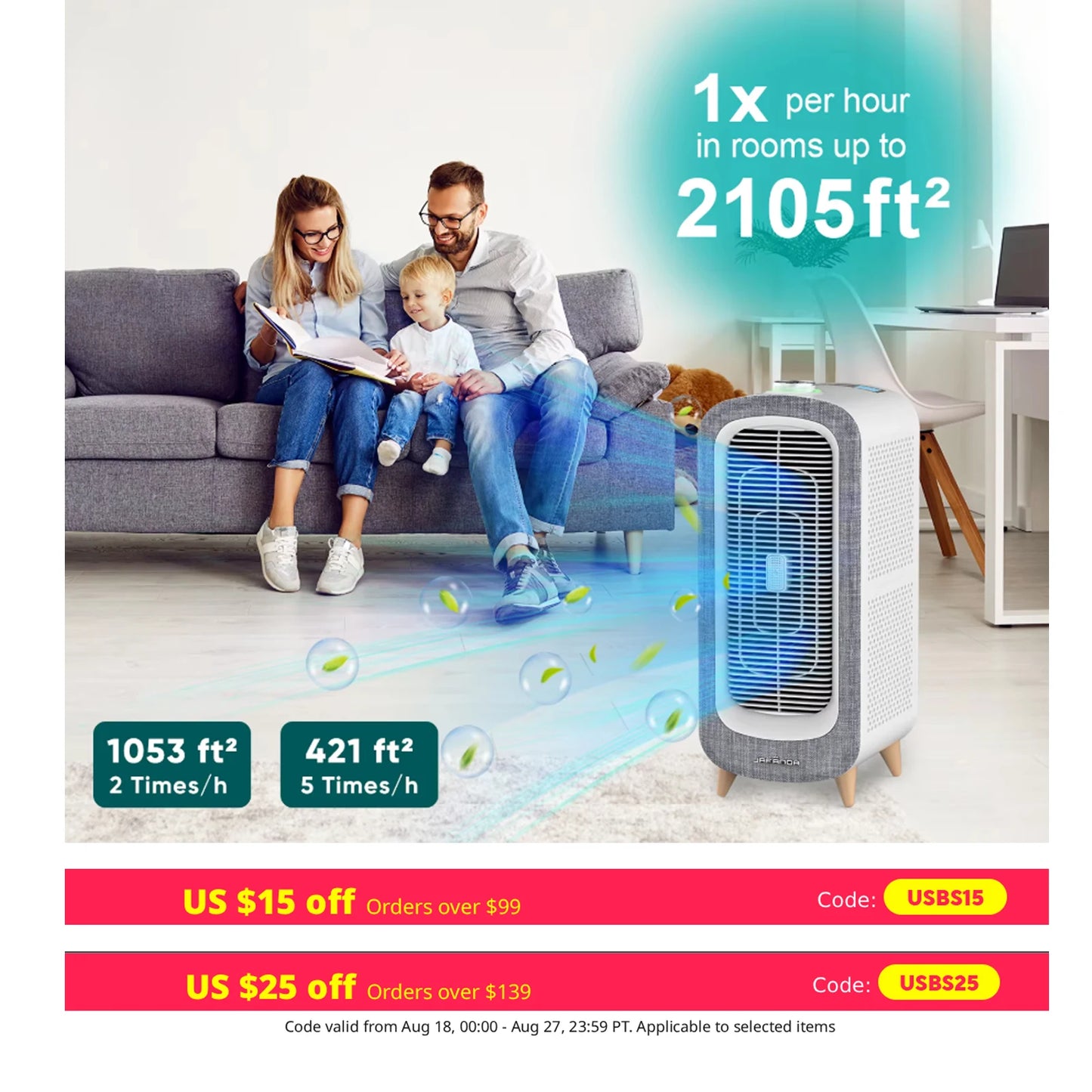 Jafanda Large Room Air Purifier With 4x True HEPA Carbon
