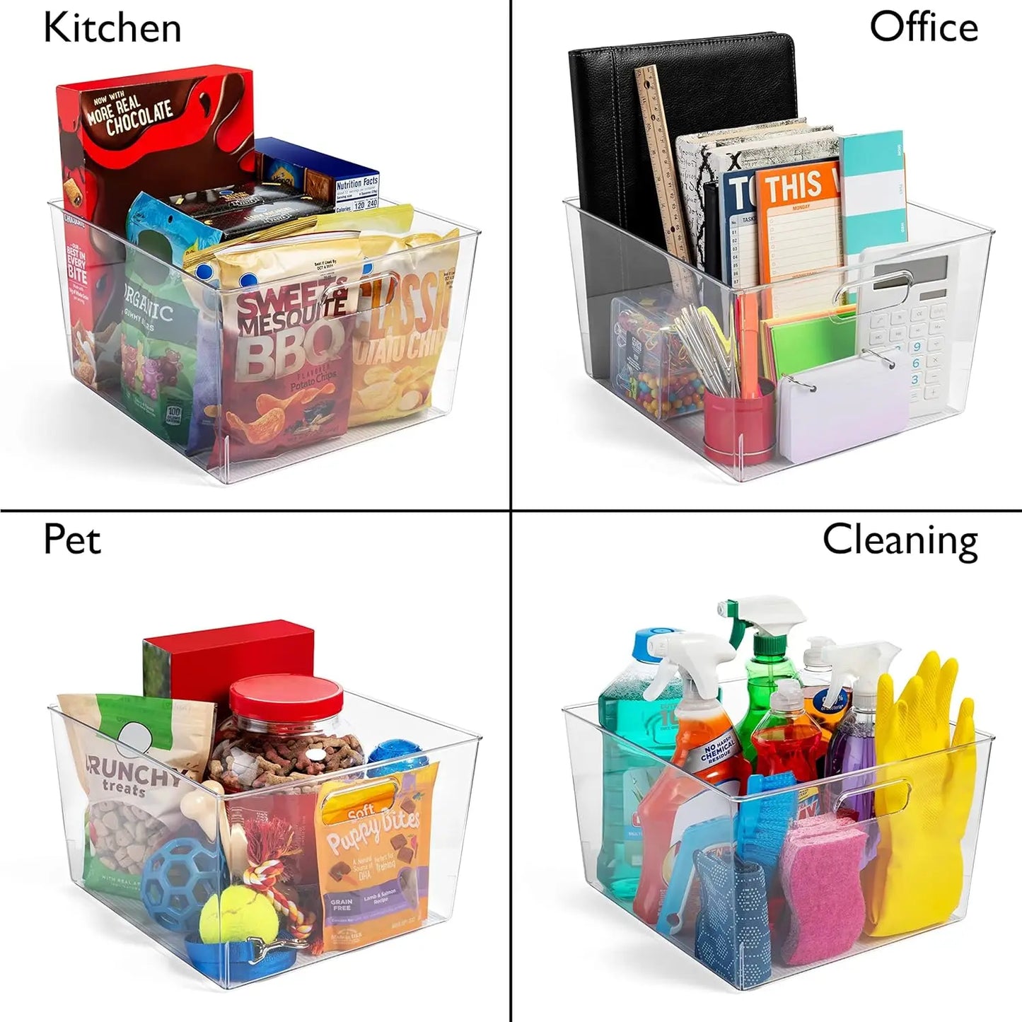 Plastic Storage Bins 4 Pack For Kitchen Pantry Organization