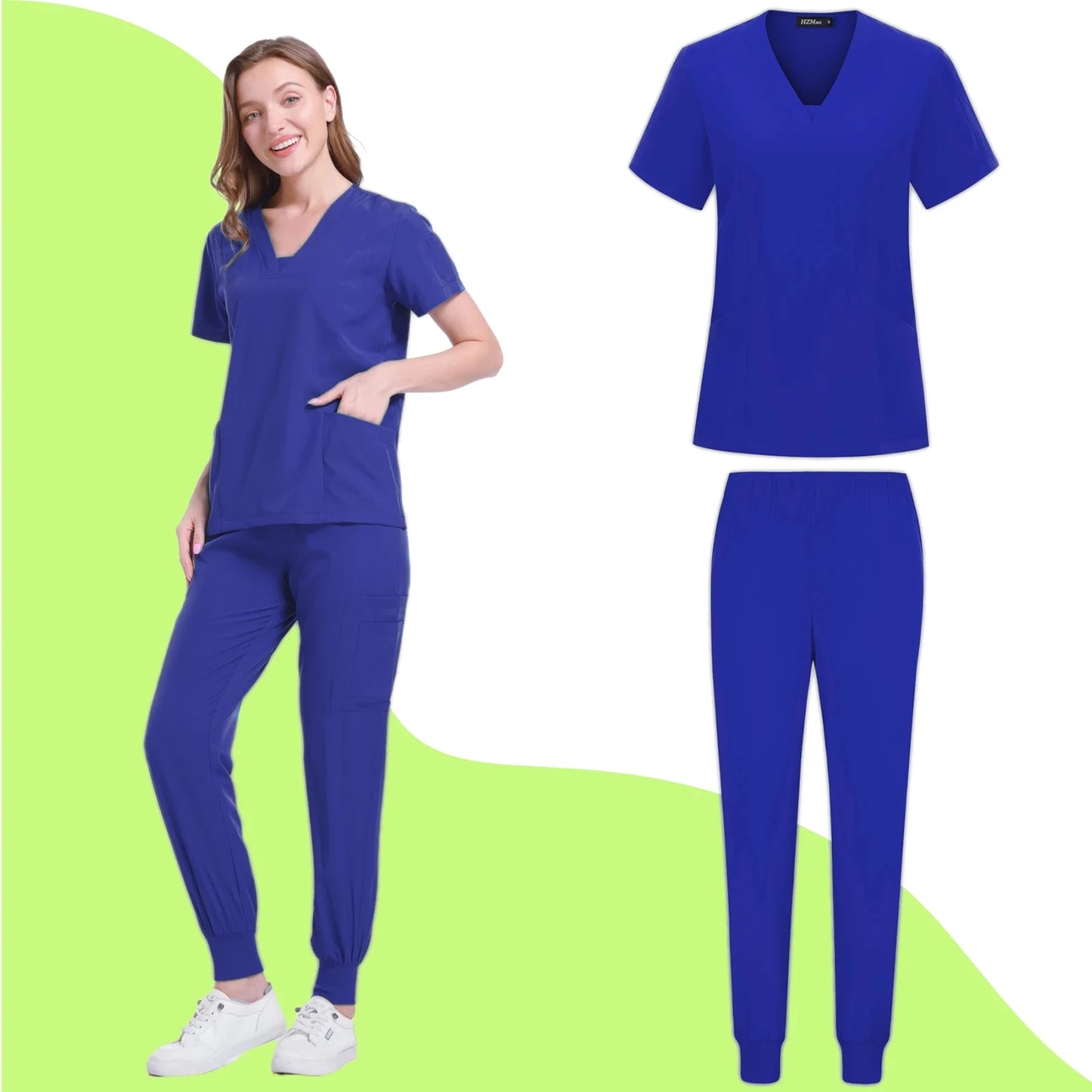 Women's Nurse Scrub Set V Neck Short Sleeve Multiple Pockets Medical Uniform