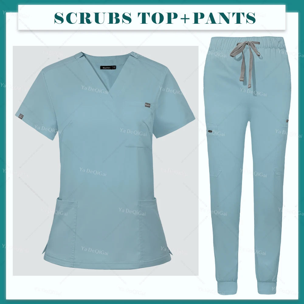 Scrubs Uniform Set Short Sleeve V Neck Top Jogger Pants