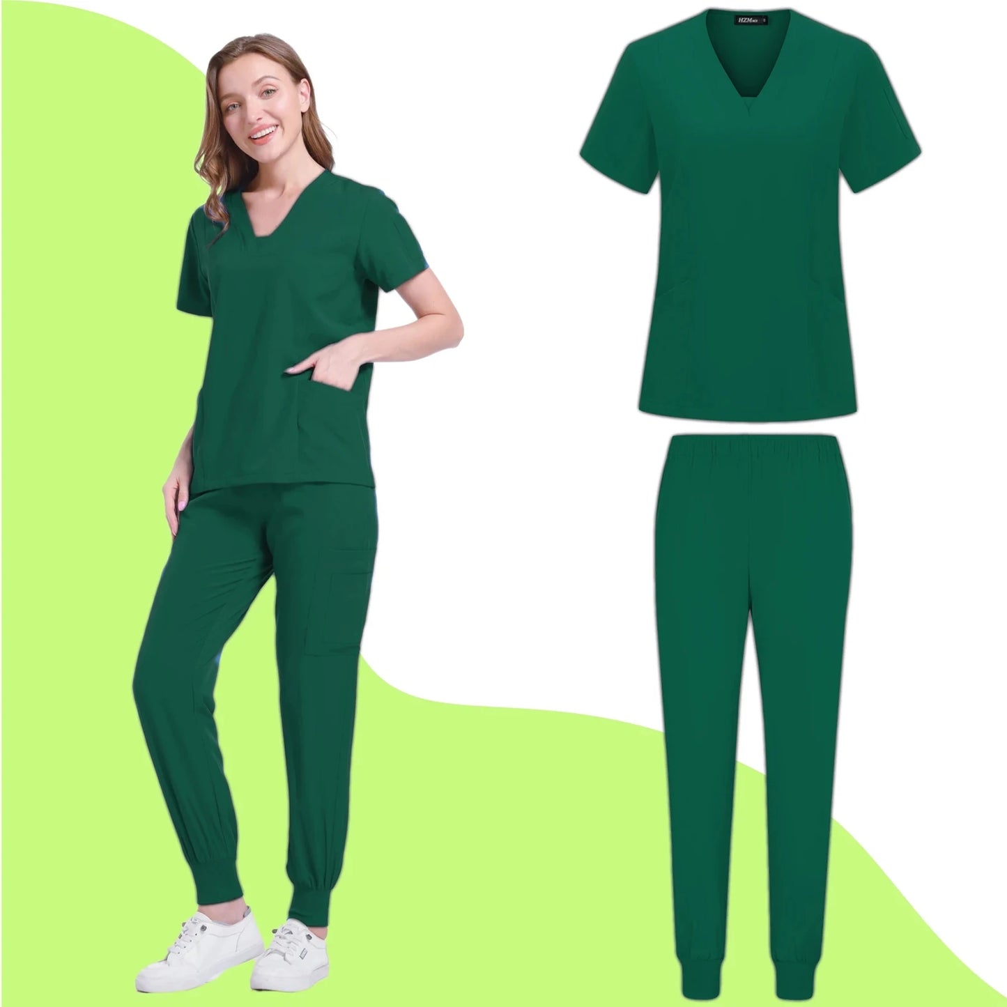 Women's Nurse Scrub Set V Neck Short Sleeve Multiple Pockets Medical Uniform