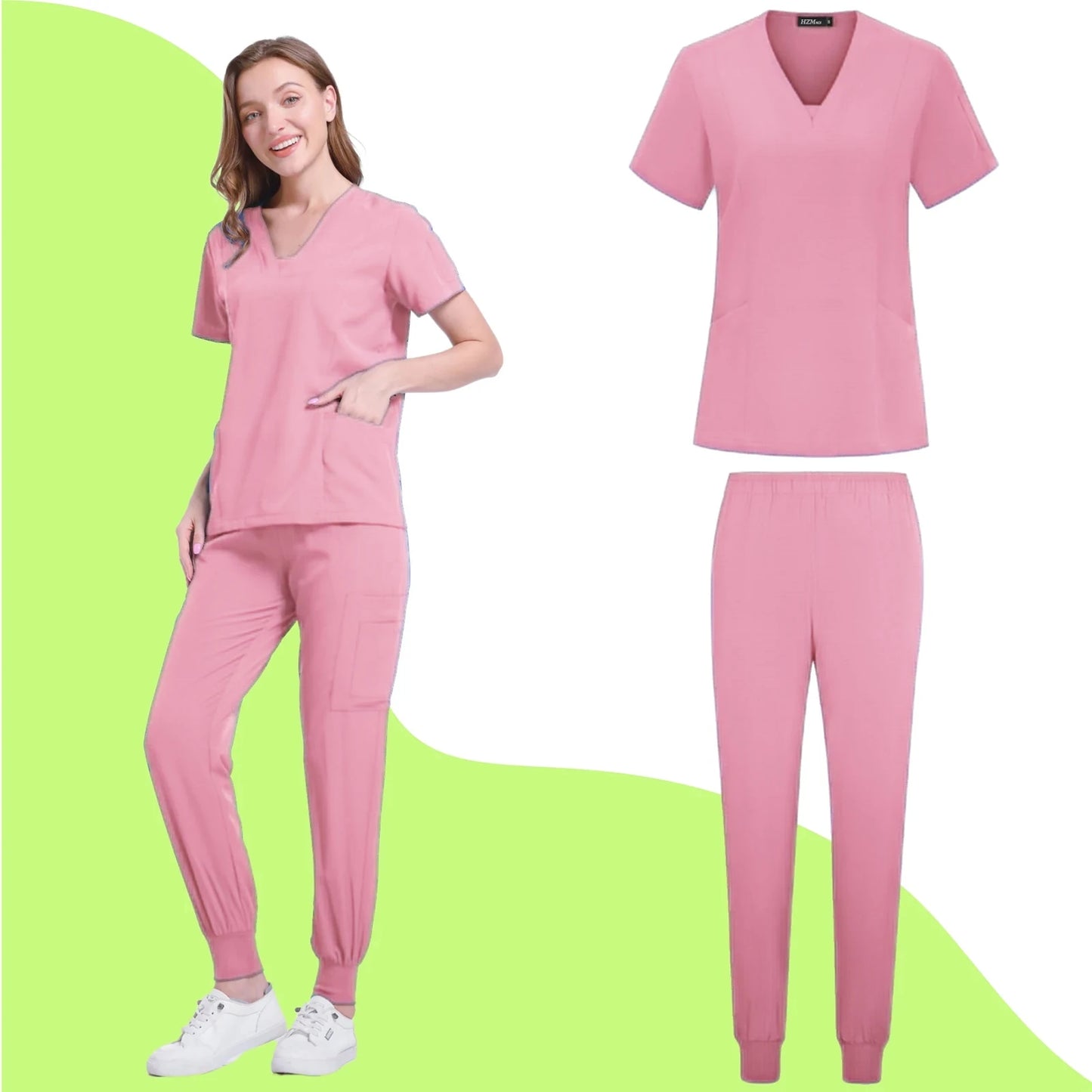 Women's Nurse Scrub Set V Neck Short Sleeve Multiple Pockets Medical Uniform
