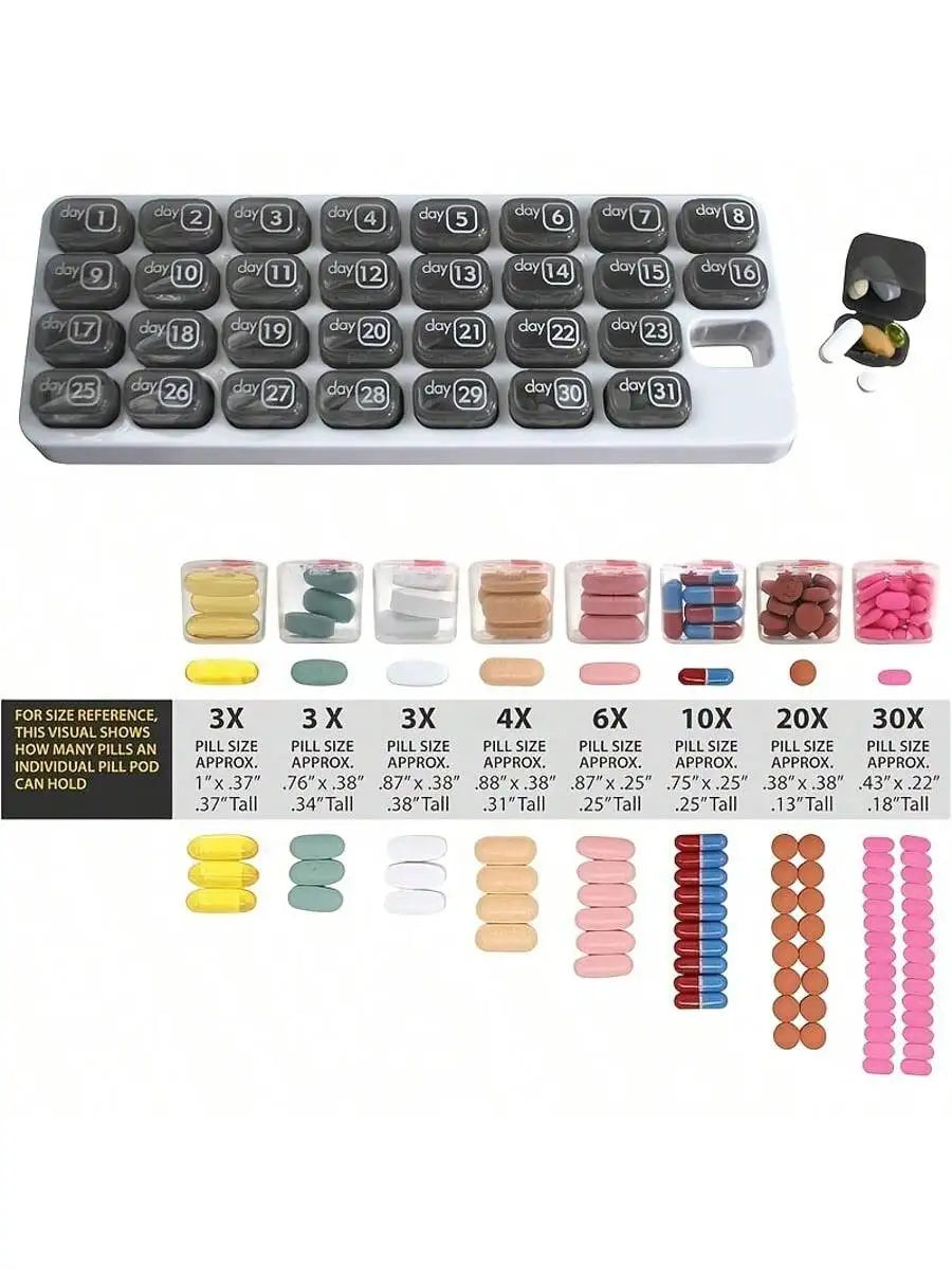 Portable 31 Day Pill Organizer for Travel and Home