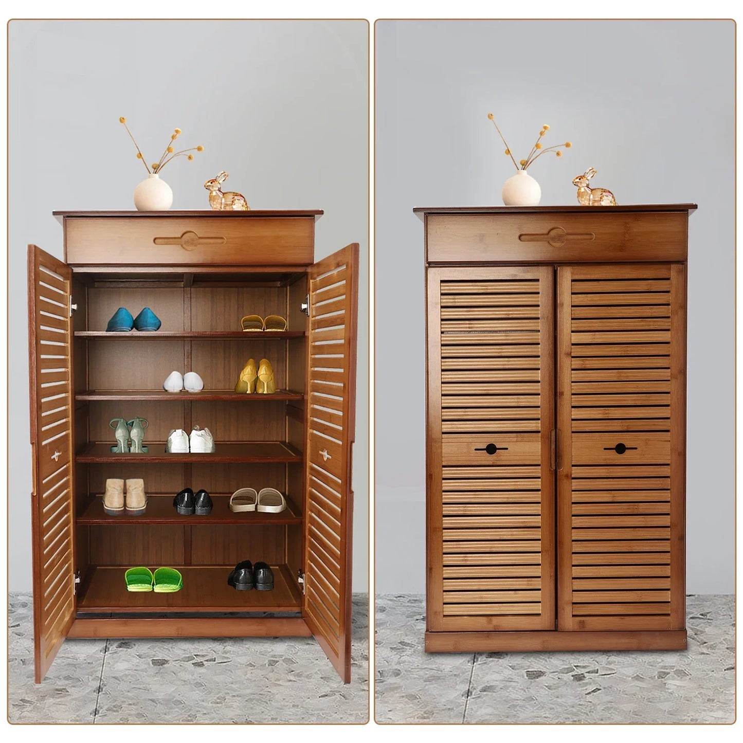 Bamboo Shoe Rack 5 Tier Storage With Drawer And Doors