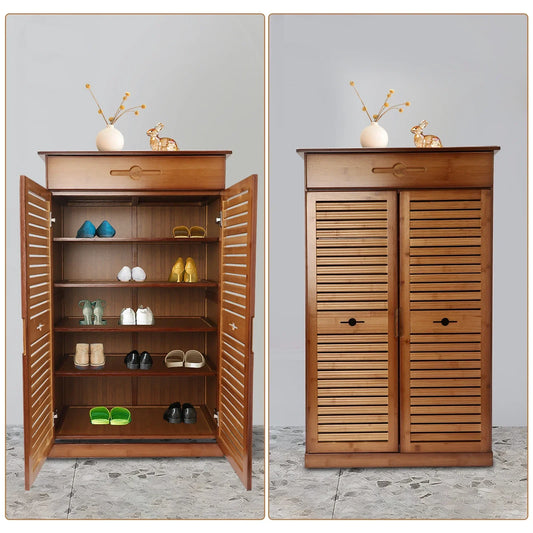 Bamboo Shoe Rack 5 Tier Storage With Drawer And Doors