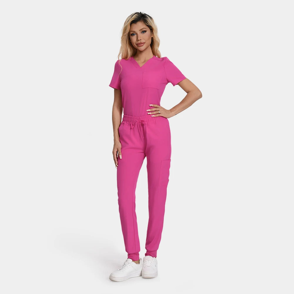 NONECN Scrub Set Women Nurse Uniform Jogger Top Pants Pockets