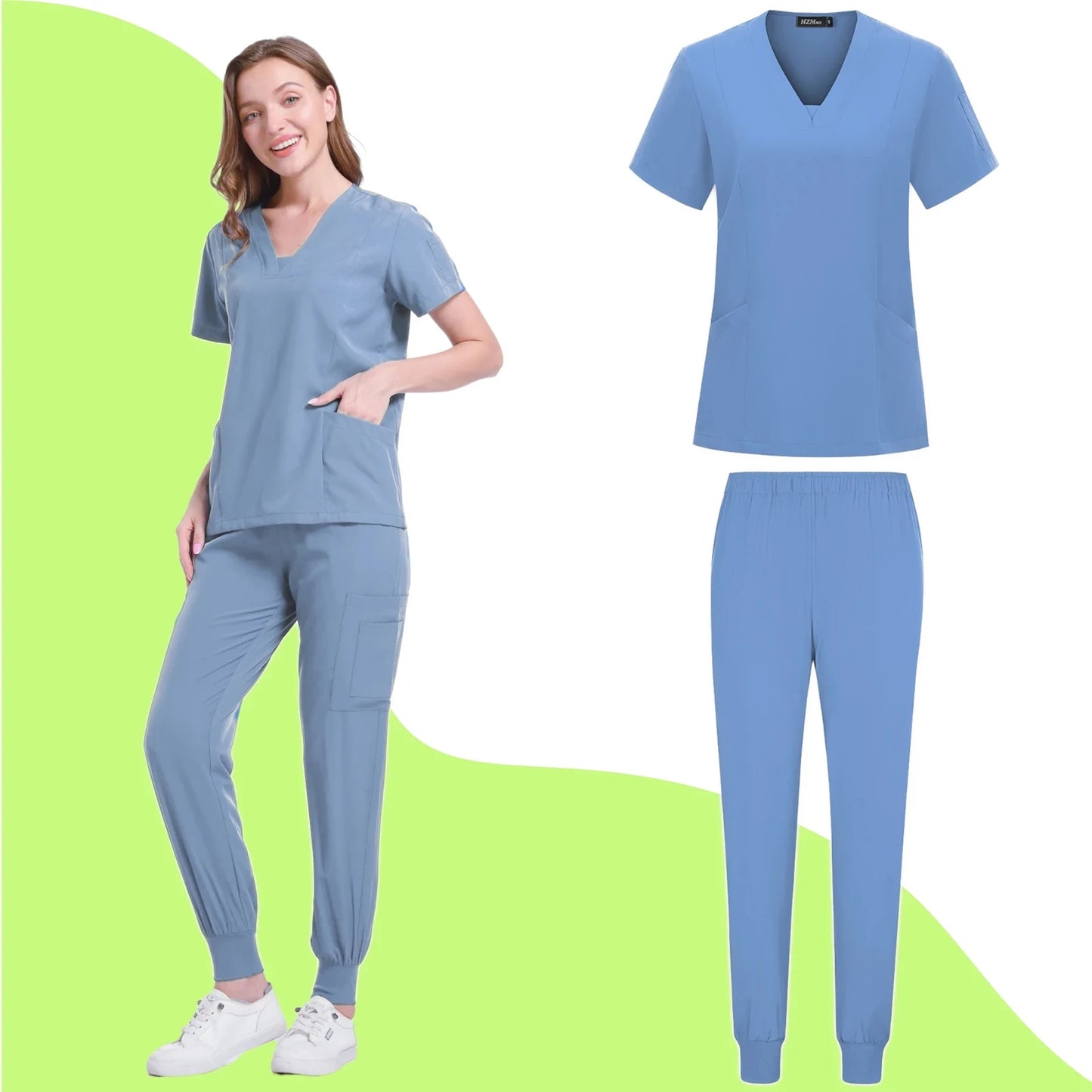 Women's Nurse Scrub Set V Neck Short Sleeve Multiple Pockets Medical Uniform