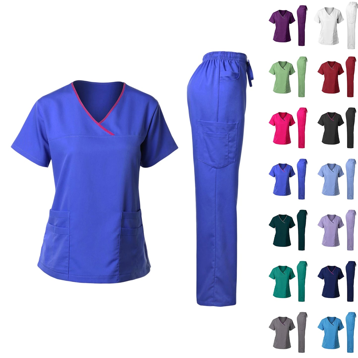 Nurse Scrub Set V-Neck Short Sleeve Multi-Pocket Pants