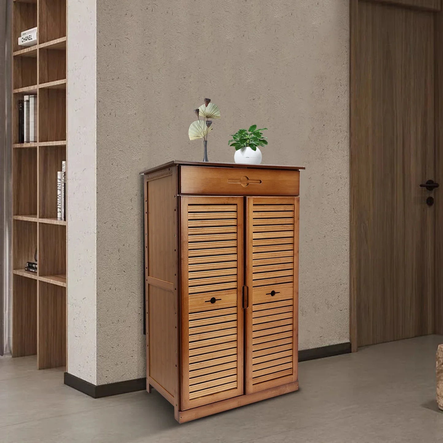 Bamboo Shoe Rack 5 Tier Storage With Drawer And Doors