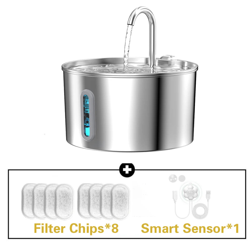 Stainless Steel Cat Water Fountain With LED Window Silent Flow