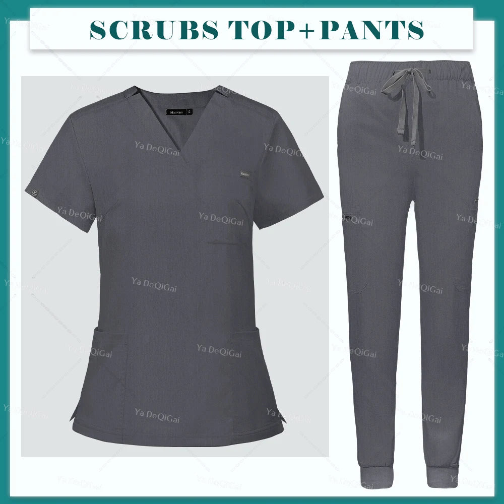 Scrubs Uniform Set Short Sleeve V Neck Top Jogger Pants