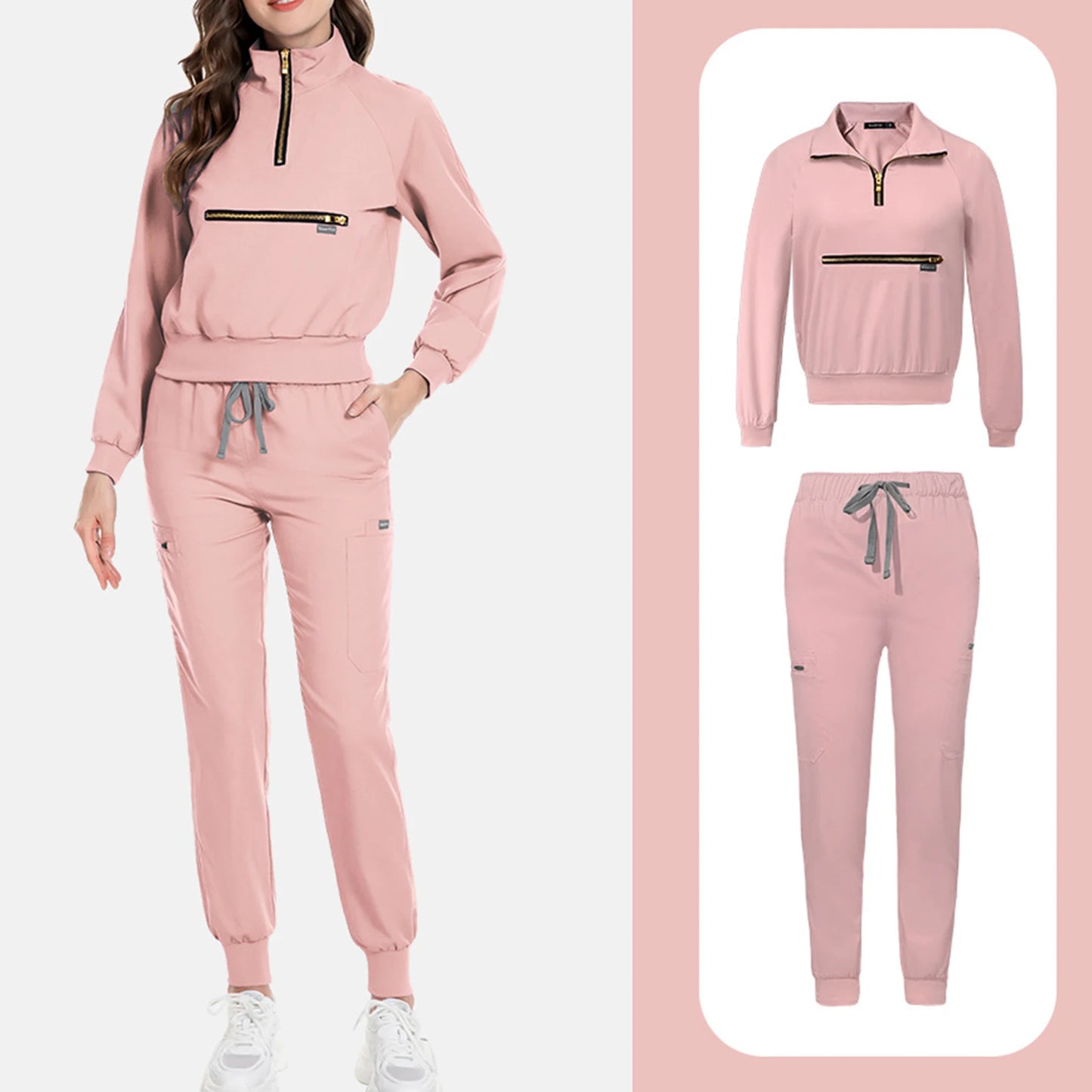 Nurse Scrub Set Stand Collar Zip Long Sleeve Pocket Workwear