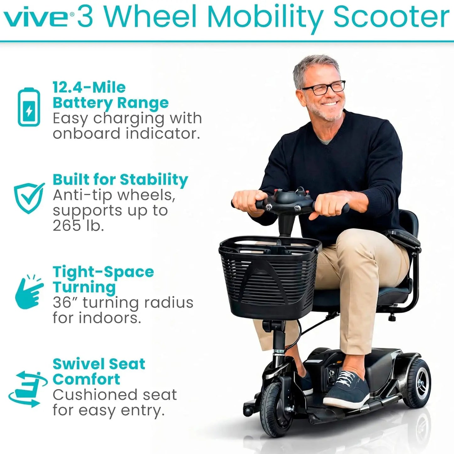 3 Wheel Mobility Scooter Electric Powered Folding Compact for Adults