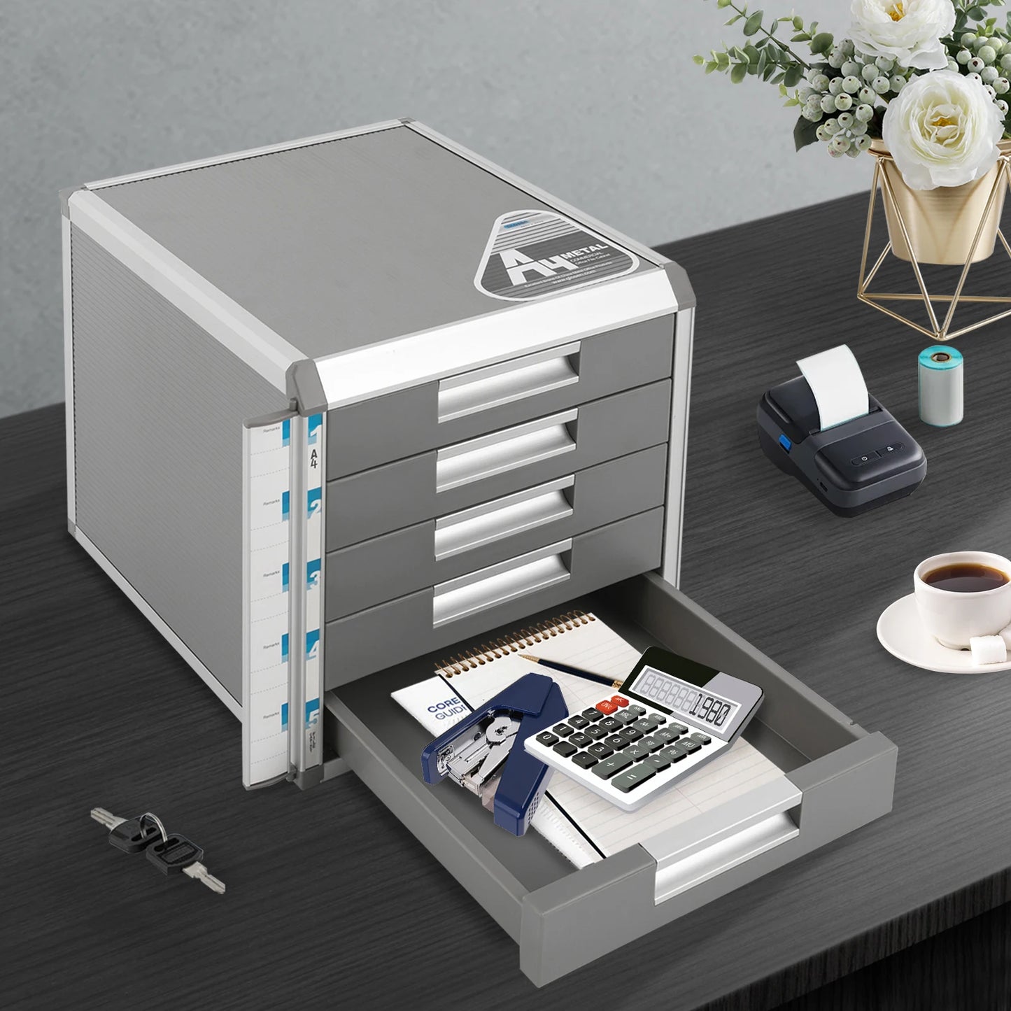 Five Drawer Locking File Organizer Document Storage Cabinet Aluminum Alloy