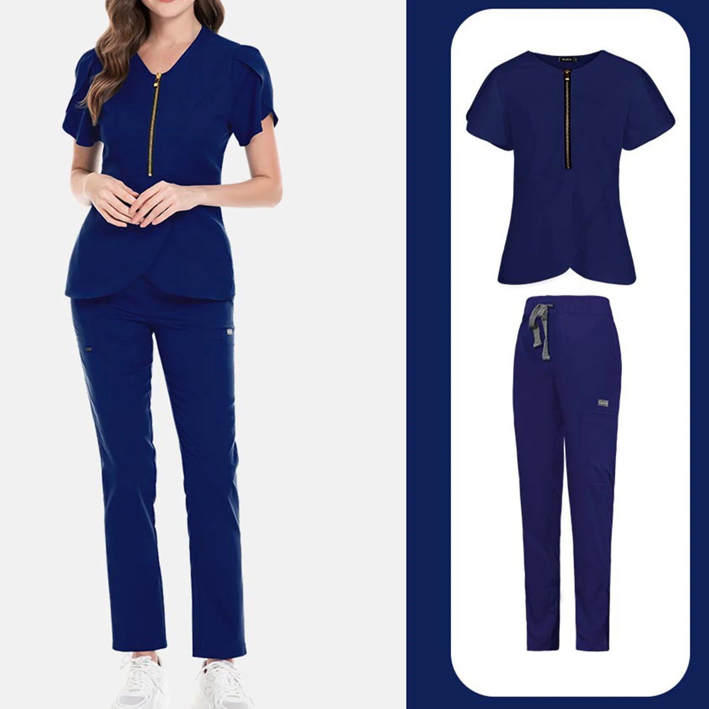 Nurse Scrub Set V Neck Zip Short Sleeves Long Pants