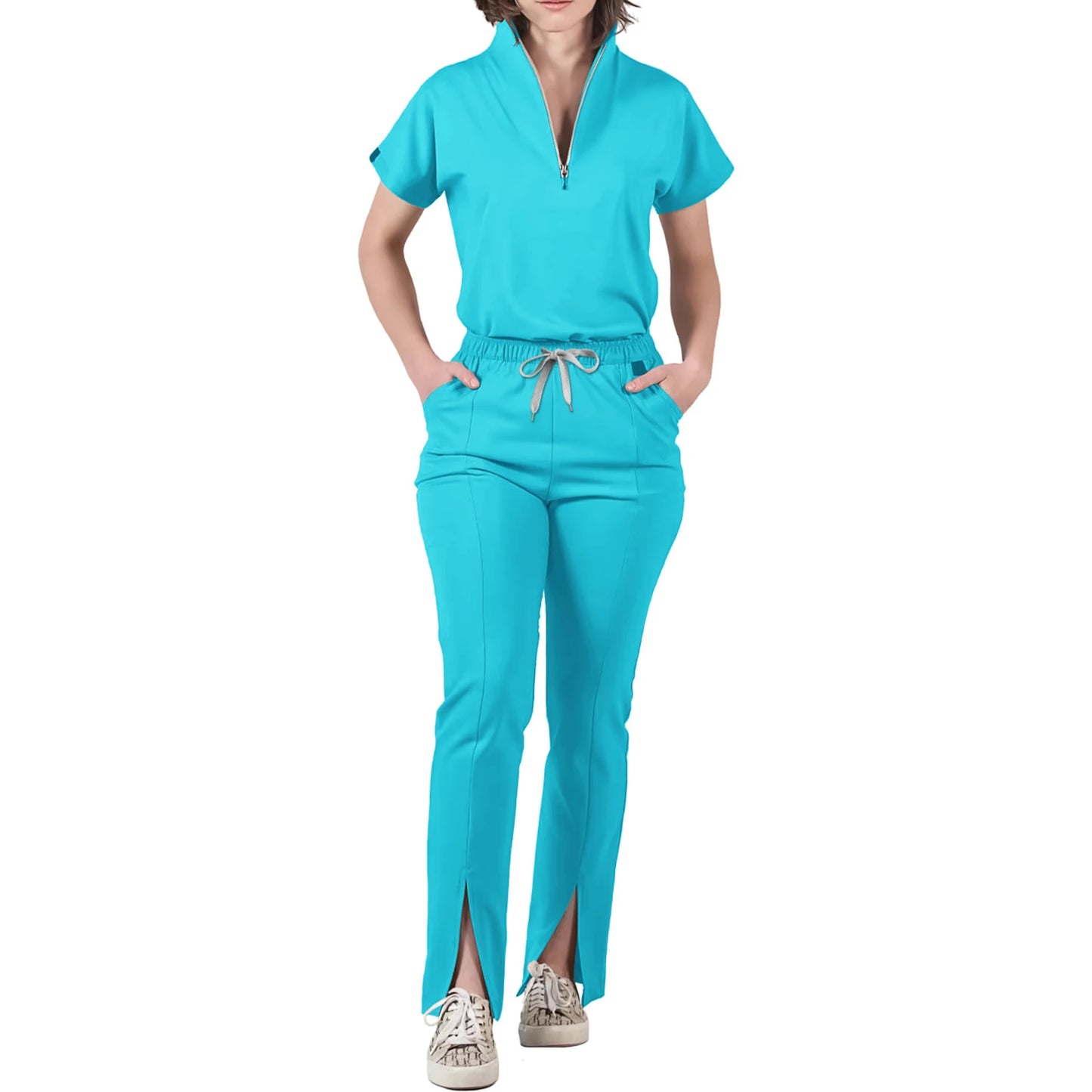 Nurse Scrub Set V-Neck Half Zip Short Sleeve Professional Workwear