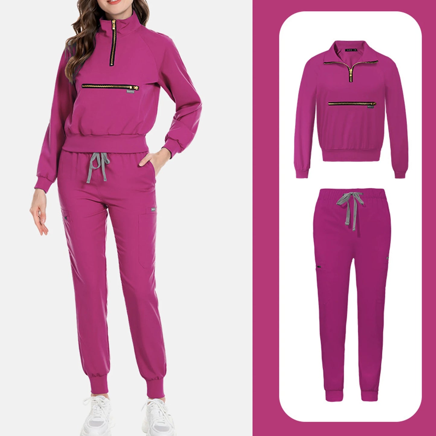 Nurse Scrub Set Stand Collar Zip Long Sleeve Pocket Workwear