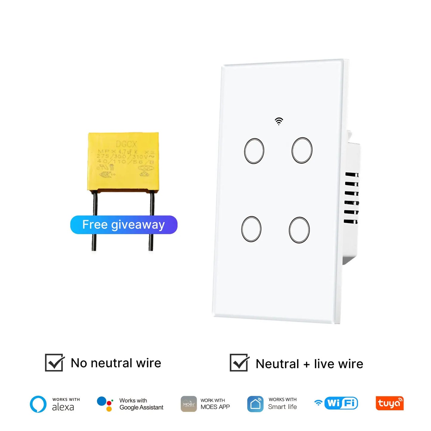 WiFi Smart Glass Touch Light Switch Remote Control No Neutral