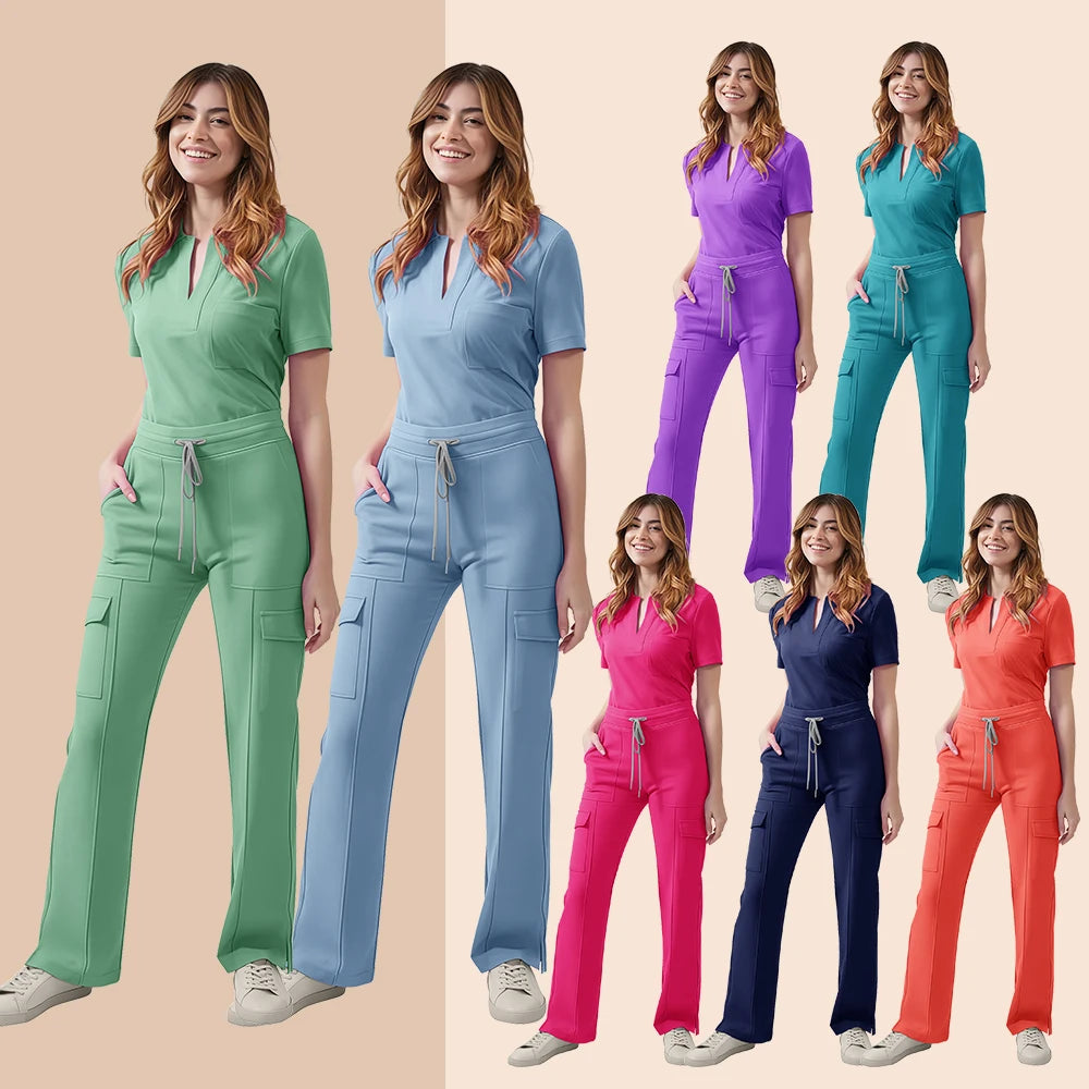 Women's Medical Scrubs Set Nurse Uniform Two Piece Tops Pants