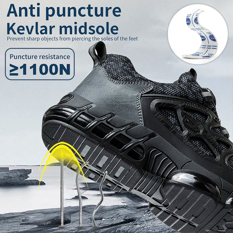 Stab-Proof Work Shoes With Elastic Buttons And Lace-Up For Men