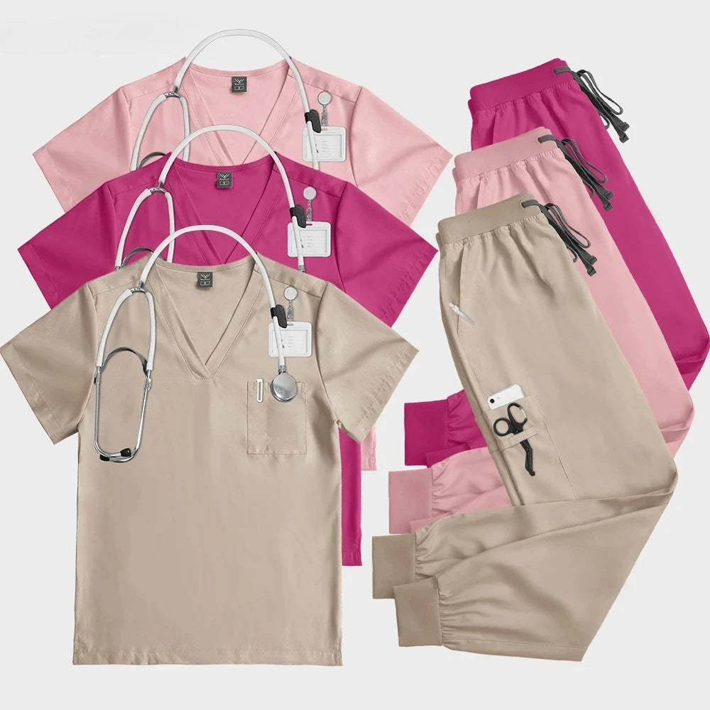 NONECN Surgery Scrubs Set Women Short Sleeve Top Pants Medical Uniform