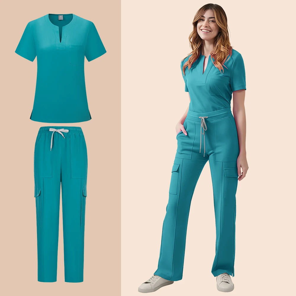 Women's Medical Scrubs Set Nurse Uniform Two Piece Tops Pants