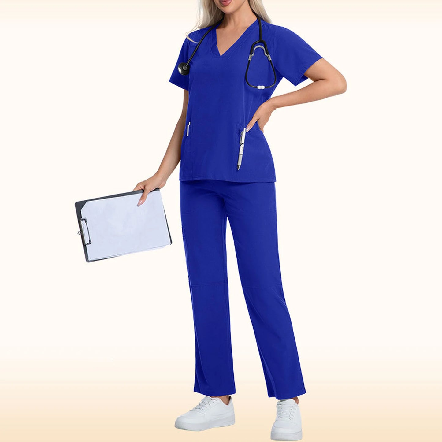 Nurse Scrub Set V Neck Short Sleeve Pocket Medical Uniform