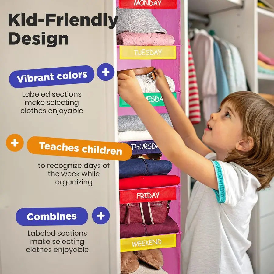 Hanging Clothes Organizer For Kids Labeled Weekday Shelves