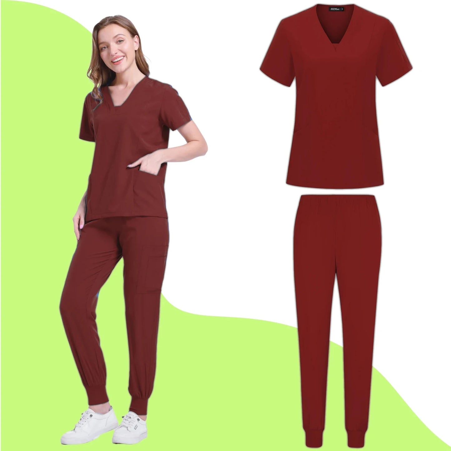 Women's Nurse Scrub Set V Neck Short Sleeve Multiple Pockets Medical Uniform