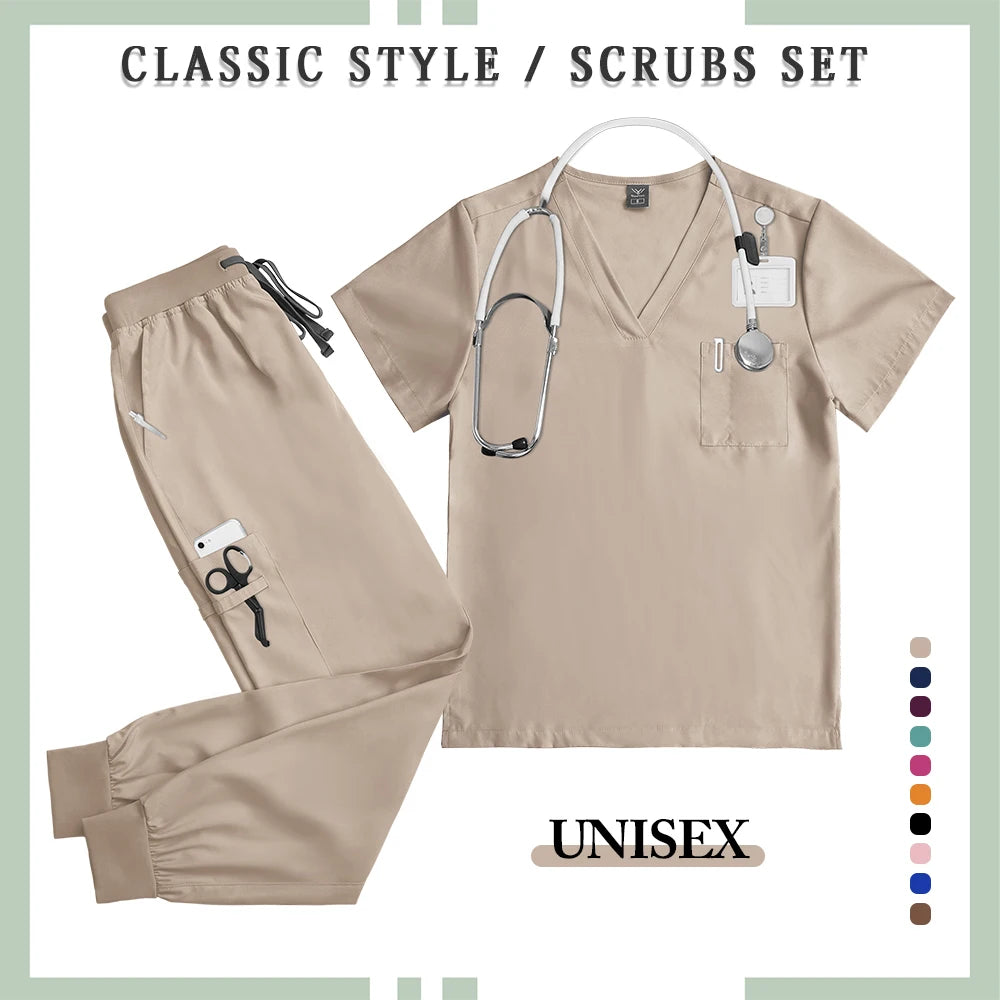 NONECN Surgery Scrubs Set Women Short Sleeve Top Pants Medical Uniform