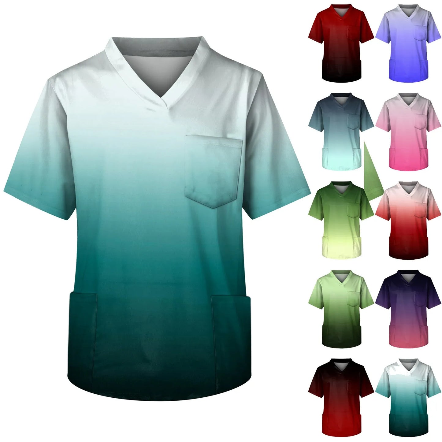 Eillysevens Nurse Uniform Top Gradient Print V Neck Chest Pocket Breathable