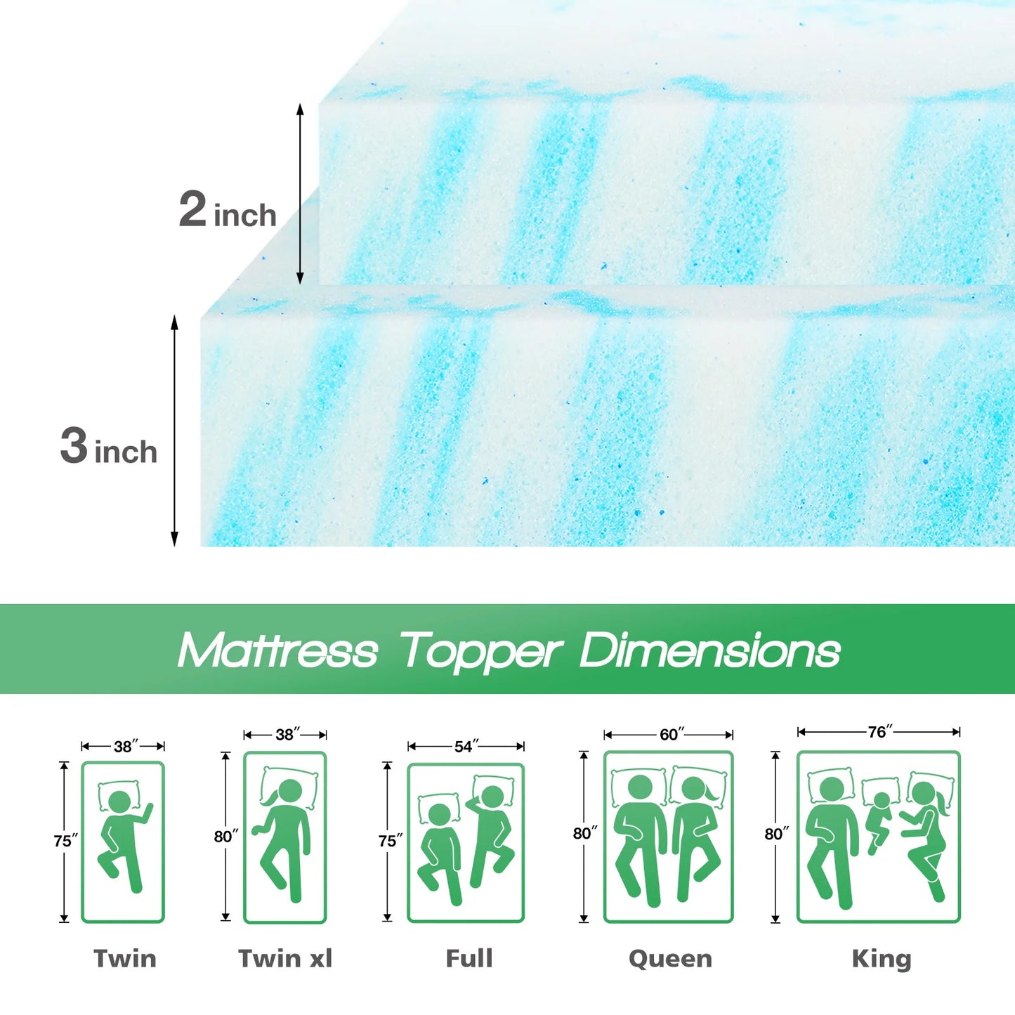 JHK Memory Foam Mattress Topper Gel Cooling Bedding