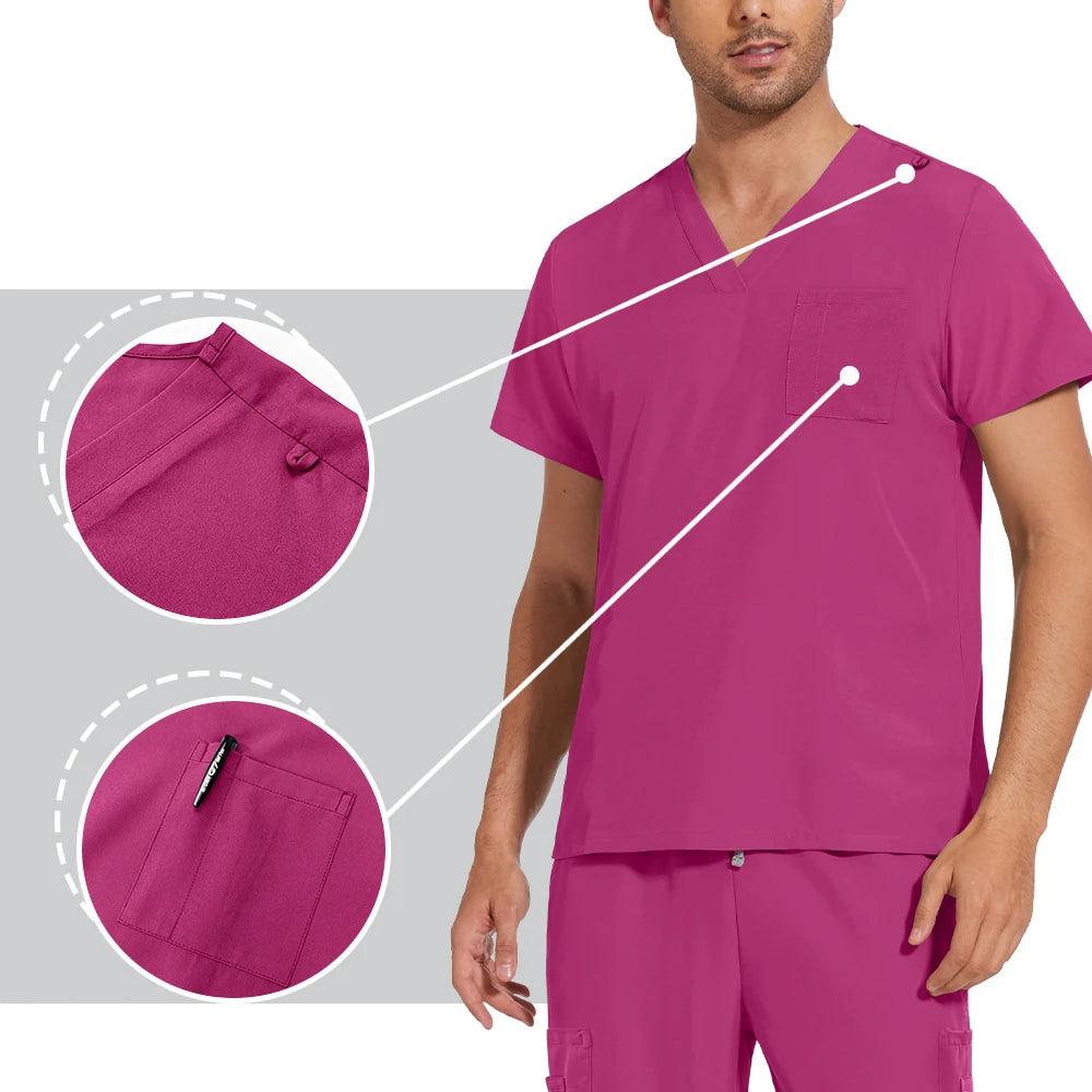 NONECN Surgery Scrubs Set Women Short Sleeve Top Pants Medical Uniform