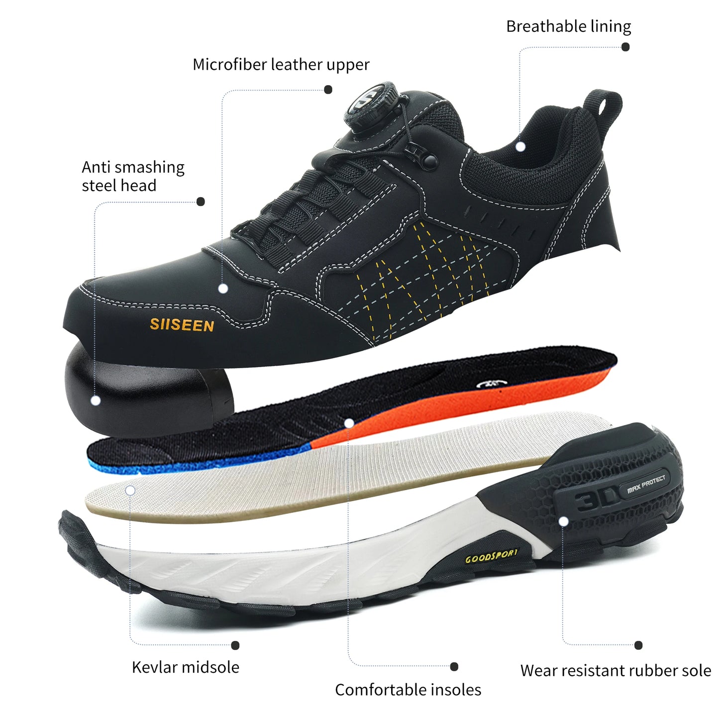 Men Leather Safety Shoes Steel Toe Work Boots Kevlar Puncture Proof