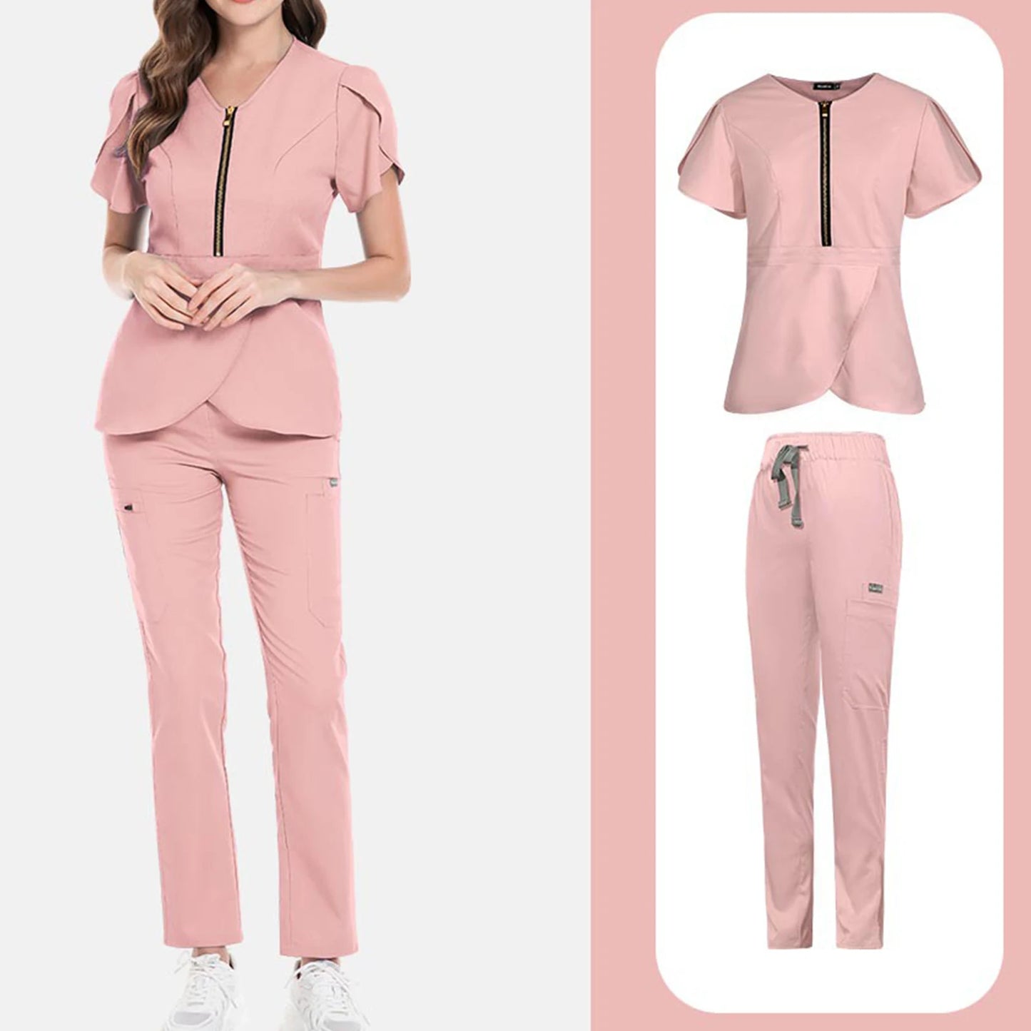 Nurse Scrub Set V Neck Zip Short Sleeves Long Pants