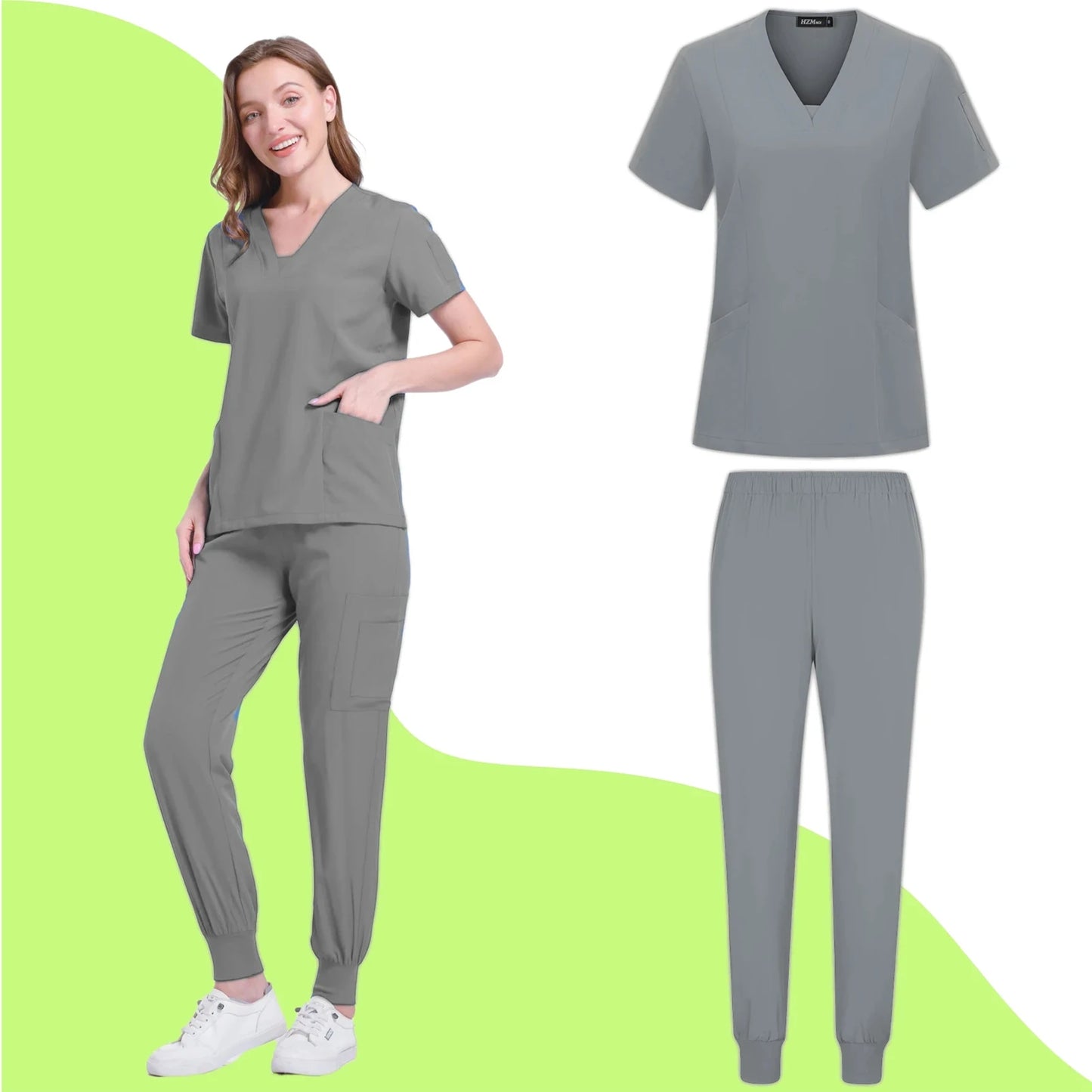 Women's Nurse Scrub Set V Neck Short Sleeve Multiple Pockets Medical Uniform