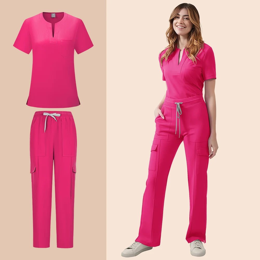 Women's Medical Scrubs Set Nurse Uniform Two Piece Tops Pants