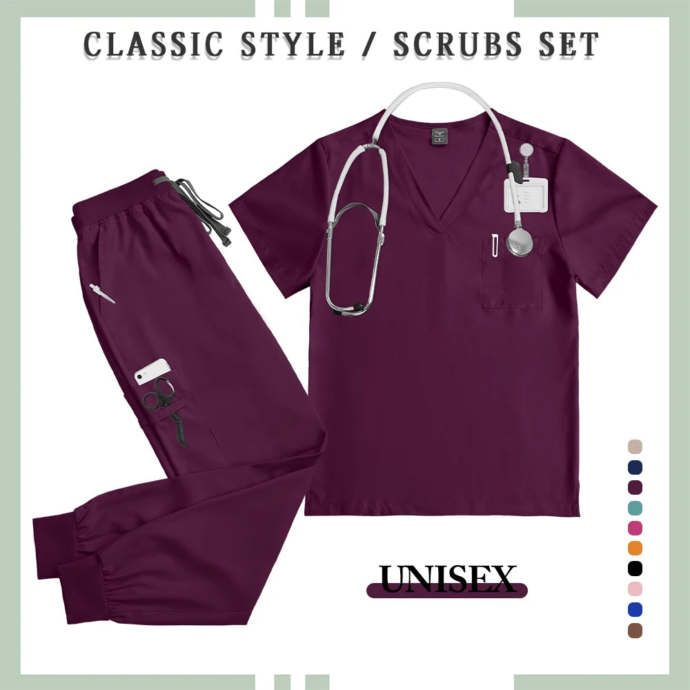 NONECN Surgery Scrubs Set Women Short Sleeve Top Pants Medical Uniform