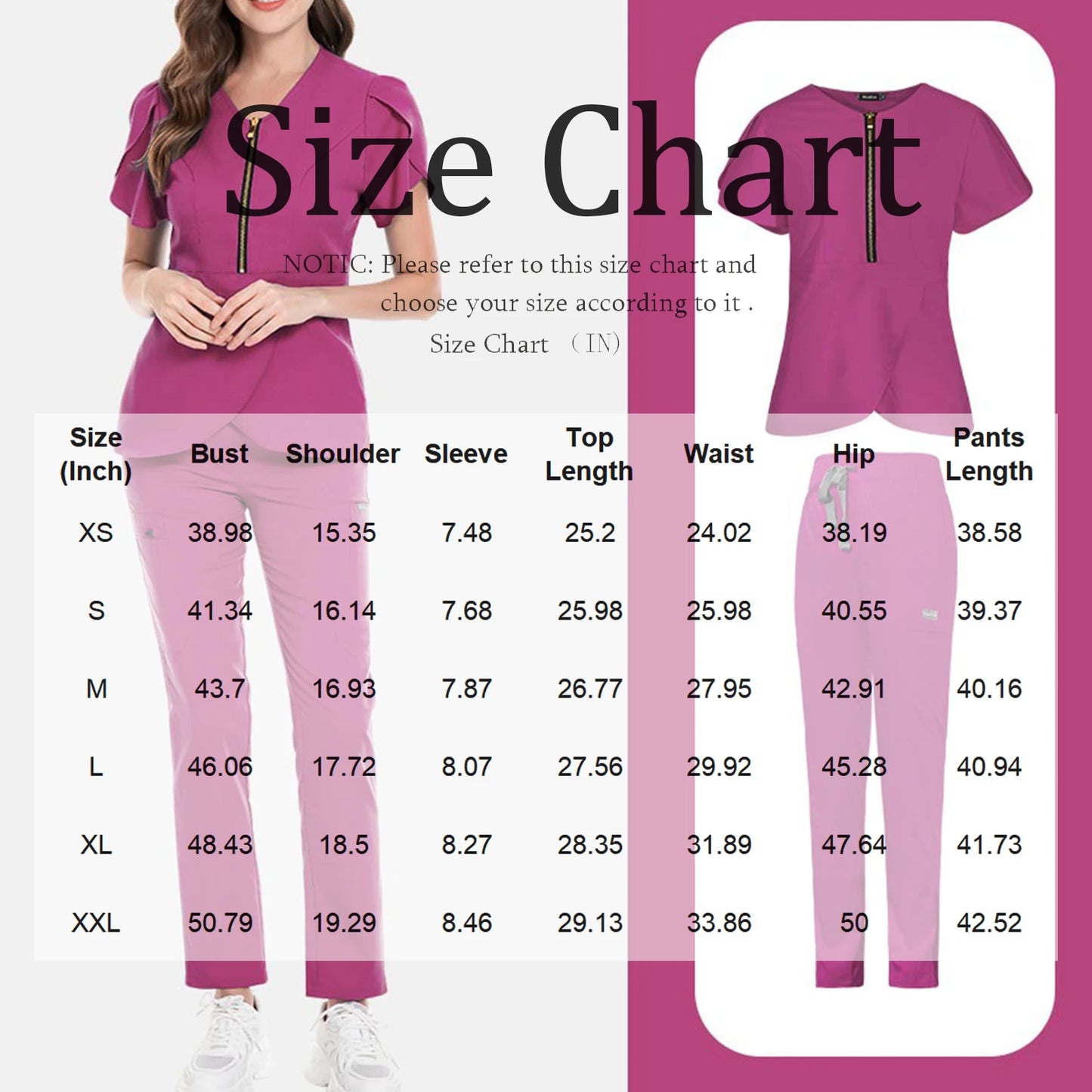 Nurse Scrub Set V Neck Zip Short Sleeves Long Pants